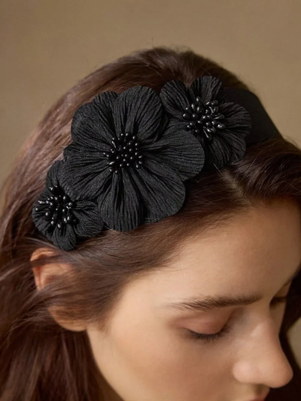 Black Floral Beaded Headband - 3D Flower Statement